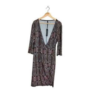 NWT Viereck Coyote Dress XL Brown Teal Snakeskin Ikat Faux Wrap Ruched V-Neck